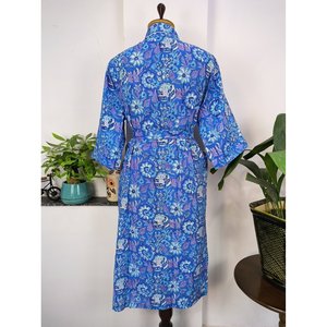 Robe d'été Boho Aqua Blue, Kimono en coton indien imprimé à la main, Luxe Floral Rose, Couverture de maternité - Product Image 6