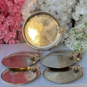 Bandeja de Exhibición de Metal Hecha a Mano, Bandeja de Servicio Dorada y Plateada con Asas de Palmera Tropical, Ecológica, Apta para Lavavajillas, Decoración del Hogar - Product Image 2