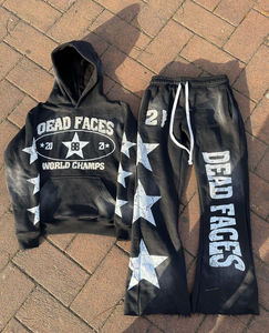 Precio razonable algodón desgastado parche bordado ácido lavado apliques Zip Hoodie Joggers hombres acampanados pantalones de chándal - Product Image 6