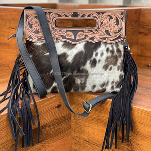 Bolso de Mano de Piel de Vaca con Flecos, Bandolera de Cuero con Asa Superior, Colorido, Ideal para Mujer - Product Image 3