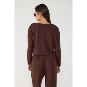 Brown V-Neck Button Detailed Soft Texture Crop <b>Cardigan</b> - Product Image 5