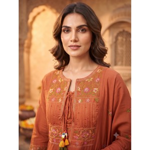 Ensemble Kurta 2 pièces pour femmes, été, élégant, imprimé orange, toile brodée, col en coton, manches trois-quarts, séchage rapide - Product Image 2