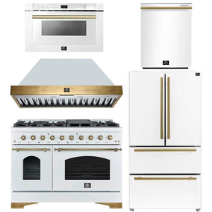 NOUVEAU Pack Espresso - Cuisinière à gaz 30 pouces, Réfrigérateur 36 pouces avec distributeur de glace et lave-vaisselle en blanc avec accents en laiton antique - Product Image 1
