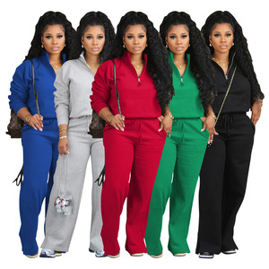 Sweat femme deux pièces ensemble polaire épaissi vêtements de sport ample grande taille vêtements d'hiver vestes pantalons à jambes larges survêtement - Product Image 1