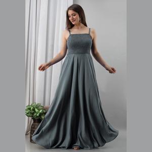 Robe de soirée trapèze en satin gris taille empire décoration à paillettes au crochet robe de soirée au sol pour soirée de Quinceanera - Product Image 6