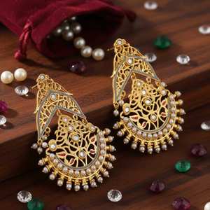 Elegant Gold Plated Beaded Filigree Chaandbali <b>Earrings</b> for Women Beautiful Indian Handmade Jewelry for Wedding Ethnic Occasions - Product Image 3