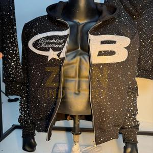 Nouveaux sweats à capuche pour hommes avec impression graphique et strass, logo personnalisé, streetwear en coton, sweats à capuche personnalisés respirants avec patchwork - Product Image 1