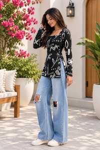 Robe longue à manches longues et col carré pour femme, imprimé floral noir, en polyester et rayonne tissée, style décontracté et ethnique, Kurti court pour femme - Product Image 6