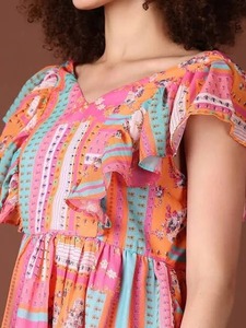 Vestido Corto de Algodón Tejido a Mano Indio para Mujer, Elegante para Fiestas y Bodas, Estampado Floral, Cintura Natural, Regalo para Novia - Product Image 3