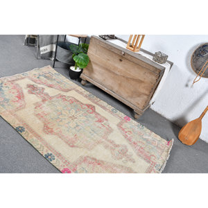 Alfombra turca Vintage de 4x6 pies, Beige, roja, clásica, gran área de lana, diseño de salas de retazos abstractos, látex de 10mm para adolescentes - Product Image 4