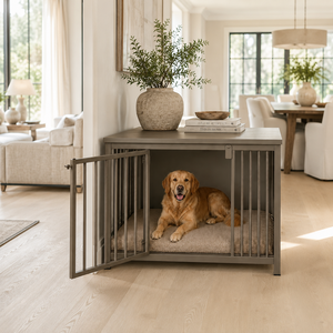 Meuble pour chien en métal moderne avec lit |   Couleur métallique personnalisable en option, dessus en bois massif |   Niche de luxe intérieure pour salon - Product Image 1