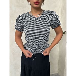 Blusa a Cuadros con Cintura Fruncida Negra Topshow para Mujer - Elegante Blusa a Cuadros de Mezcla de Algodón y Poliéster con Cintura Elástica - Product Image 4