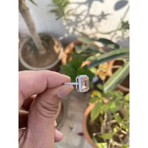 925 <b>Silver</b> Fine Jewelry <b>Emerald</b> Cut Morganite Boho Style <b>Ring</b> Geometric Pattern Bezel Setting - Product Image 3