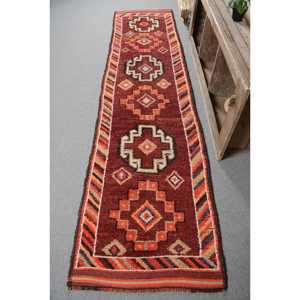 Turkish Vintage Rug, 2.7x11.4 ft Herki Rug, <b>Red</b> Orange Camouflage <b>Wool</b> Rug - Product Image 1