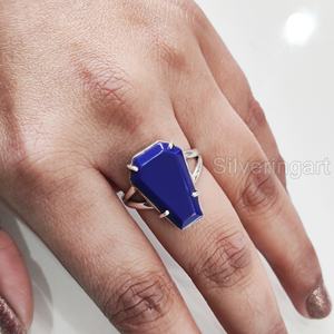 Anillo de Plata de Ley 925 Hecho a Mano para Mujer con Lapislázuli Natural en Forma de Ataúd, Gema del Mes de Nacimiento de Septiembre, Regalo de Aniversario Oriental - Product Image 3