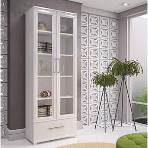 Taylor Tall Display <b>Shelf</b> Made of White Teak Wood with Glass Doors and Bottom <b>Drawers</b>. - Product Image 4