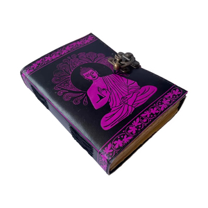 Cahier de notes en cuir véritable fait à la main bouddha en relief avec une couverture rigide de couleur violette et noire avec une serrure en C en laiton antique - Product Image 2