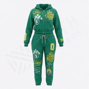 ชุดเซ็ตเสื้อครอปแขนยาวพิมพ์ลายสกรีนแฟชั่น ผ้าฝ้าย ชุดออกกำลังกาย เสื้อฮู้ด กางเกงขายาว ชุดวิ่ง ชุดกีฬา - Product Image 1