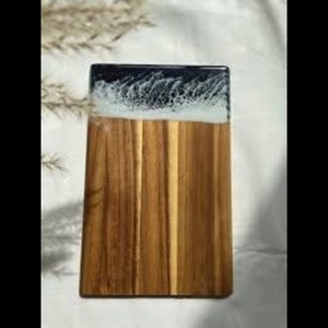 Tabla de cortar de madera de acacia de resina de bambú epoxi, tabla de cortar de queso con mango, patrón de ola de océano elegante para preparación de comidas de cocina - Product Image 1