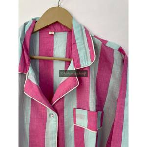 Wholesale 2-Piece Trouser Set Cotton Stripe <b>Summer</b> <b>Pyjama</b> Set Unisex Women's Sleepwear Breathable Knitted Shirt Pajamas Set - Product Image 2