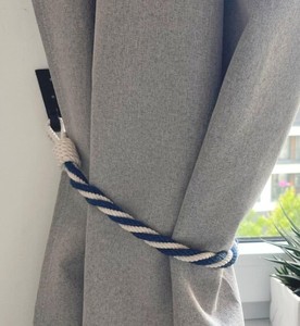 <b>Nautical</b> Rope <b>Curtain</b> Tieback Twisted Navy Jute & White Cotton Holder - Product Image 1