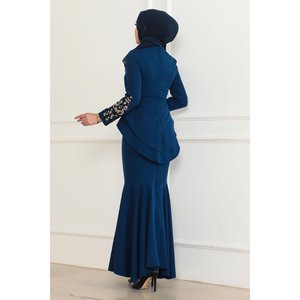 Indigo <b>Patterned</b> Fish <b>Dress</b> 6144 with Natural Waistline Regular Sleeve Nonwoven Casual 100% Cotton - Product Image 4