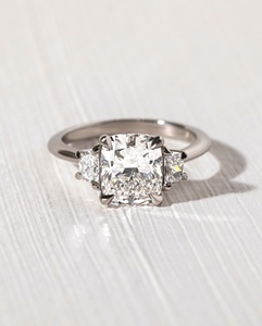 11mm Cushion Cut Diamond Three <b>Stone</b> Engagement Ring | Trapezoid Side Stones Sterling Silver 18K Gold Plated Minimalist Bridal - Product Image 1
