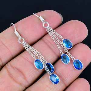 Pendientes colgantes de piedras preciosas de Topacio Azul de plata de ley sólida 925 para mujeres y niñas para fiestas-Joyería de plata - Product Image 3