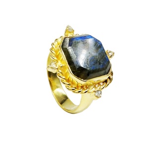 Fashionable Sterling Silver 925 <b>Gold</b> Plated Trendy Hexagonal Labradorite Gemstones Ladies Wear Diamond <b>Ring</b> - Product Image 1