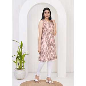 Femme Multicolore Chevron/Zig Zag Droit Kurti Pur Coton XL Taille Soie Brodé Bouton Respirant Mode pour le Printemps - Product Image 1