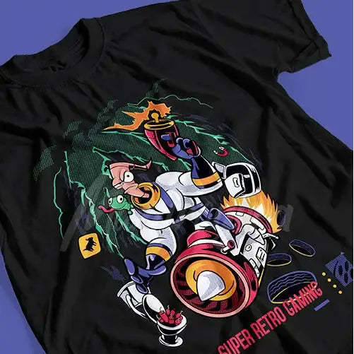 100% Cotton Jersey T-Shirt with Solid Pattern & Logo Custom Label Breathable & Compressed Earthworm Jim Video Game Design