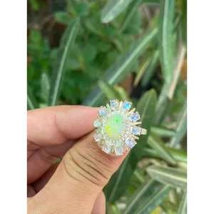 925 Silver Natural <b>Opal</b> Cluster <b>Ring</b> Dainty Geometric Design Oval Cut Stone Rhodium Fine for Everyday Wear Yellow <b>Gold</b> Oval - Product Image 3