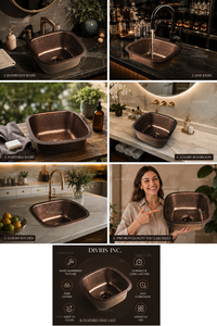 Fregadero de Cocina de Lujo DIVRIS, Hecho a Mano, de Cobre Martillado, Personalizado, de un Solo Tazón, Cuadrado, con Acabado Pulido, Diseño Moderno, 15x15 - Product Image 6