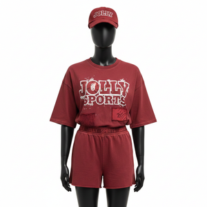 Ensemble short et t-shirt en jersey de coton surdimensionné pour femmes, GSM respirant, tricot uni, logo appliqué, 100% coton, t-shirt et short - Product Image 6