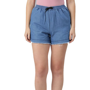 Shorts en jean taille haute pour femme, bleu clair, avec cordon de serrage, taille élastique, style décontracté, ourlet déchiré, 100 % coton - Product Image 1