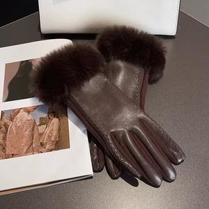 Gants en cuir PU pour femmes avec bordure en fausse fourrure, doublure thermique respirante pour les fêtes d'hiver par temps froid - Product Image 5