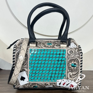 Bolso de lona Speedy de cuero genuino con incrustaciones de turquesa tallado Floral y diseño de tarjeta para mujer - Product Image 1