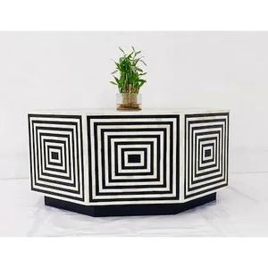 Moderno hexágono hueso incrustaciones resina MDF marco de madera negro blanco mesa de centro hecho a mano India moda artesanía hogar Oficina sala de estar dormitorio - Product Image 3