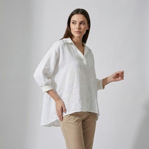 Chemise décontractée à col en V coupe classique avec manches bouffantes 100% lin respirant et lavable - Product Image 1