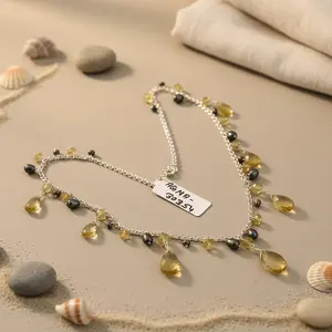 Collar Largo con Colgante de Citrino y Perla para Mujer, Elegante Colgante de Citrino en una Cadena de Perlas - Product Image 3