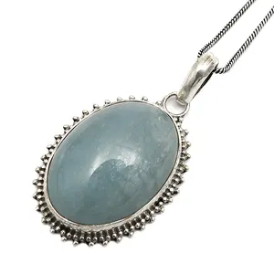 Natural Aquamarine Gemstone Oval Pendant 925 Sterling Silver Gift Jewelry Handmade women wholesale lot jewellery