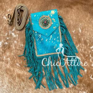 Pelo hecho a mano en cuero de vaca metálico turquesa flecos mujeres bandolera móvil bolso occidental cuero genuino Concho teléfono celular monedero - Product Image 1