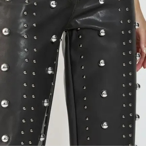 Pantalon droit pour femme en cuir véritable, respirant, avec fermeture à pression sur le devant, broderie personnalisée, automne-hiver, en stock - Product Image 3