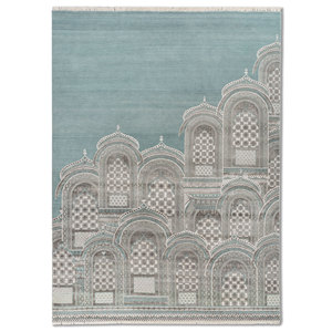 Alfombras Khidki Azules de Lana y Seda de Bambú Anudadas a Mano, 10 mm, Diseño Rectangular con Parches, para el Hogar, Pasillo, Hechas a Mano - Product Image 1