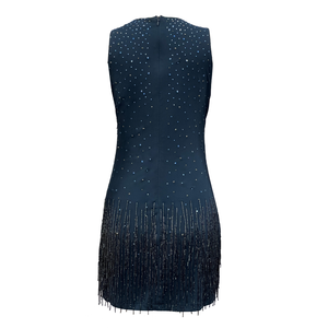 Haute qualité 100% Polyester sans manches perlé robe de soirée trou de serrure décolleté Style avec décontracté tissé bleu marine couleur - Product Image 2