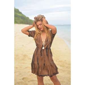 2025 cravate-teinture col en v Maxi robe femmes dames Style bohème robe de plage ample demi manches solide motif genou longueur coquille robe - Product Image 1