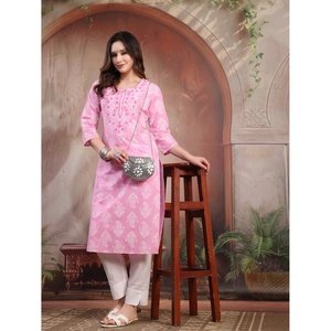 Kurtas en coton brodé pour femmes, coupe droite, col rond, décontracté, longueur mi-mollet WSKP119 - Product Image 1