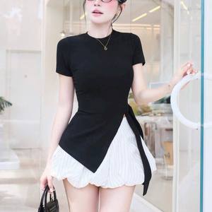 OEM Breathable White Side <b>Tie</b> Top and Black Skirt Women Daily Wear Set - Product Image 5