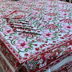 花卉设计棉1桌布6个配套餐巾套装家居装饰餐桌亚麻易清洁婚礼派对装饰