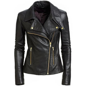 Veste en cuir véritable pour femme 100% cuir de peau de mouton avec fermeture à glissière brillante veste de motard élégante - Product Image 1
